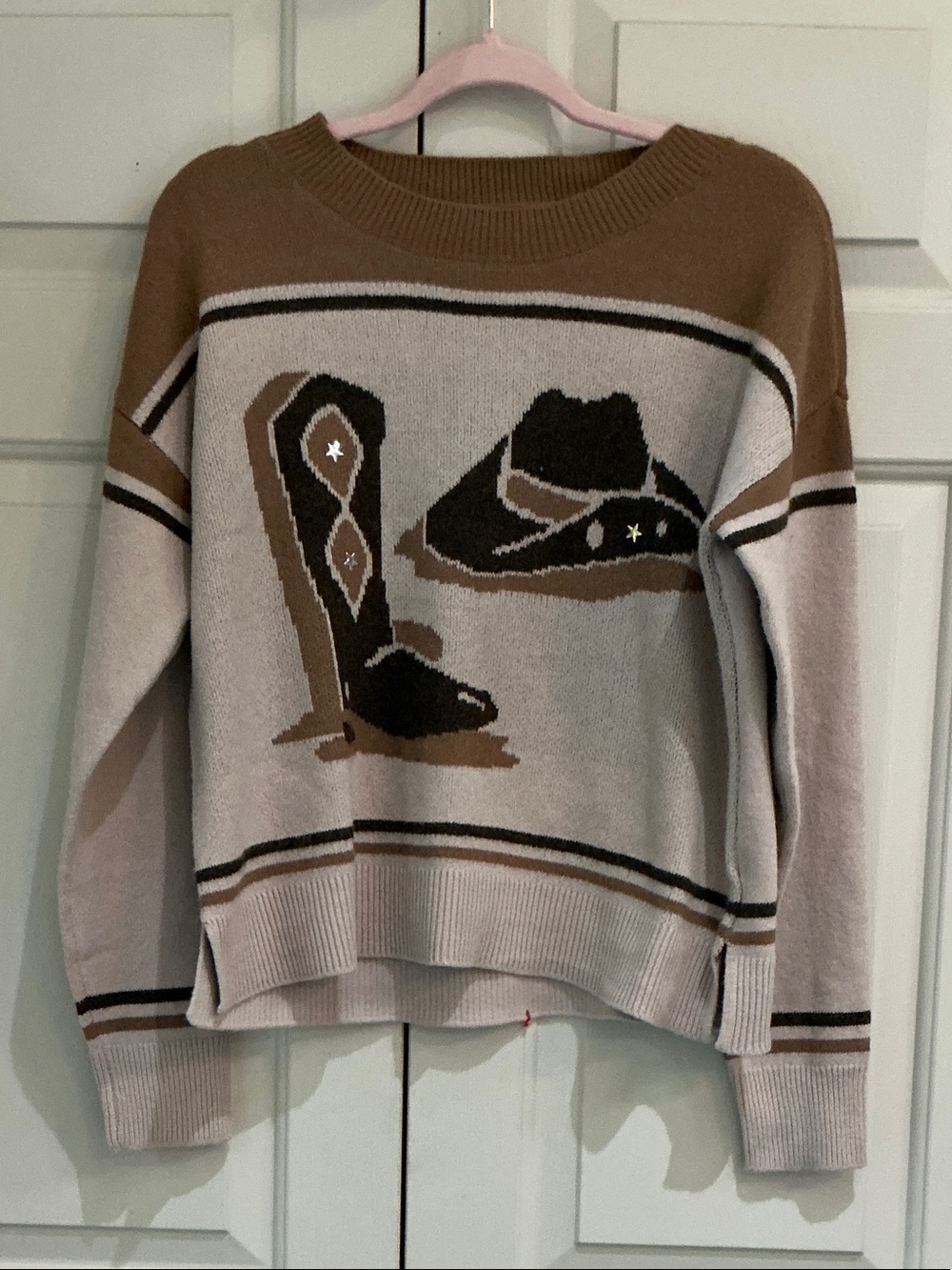 Lucky Brand Taupe, Cream & Black Western Graphic Crewneck Sweater